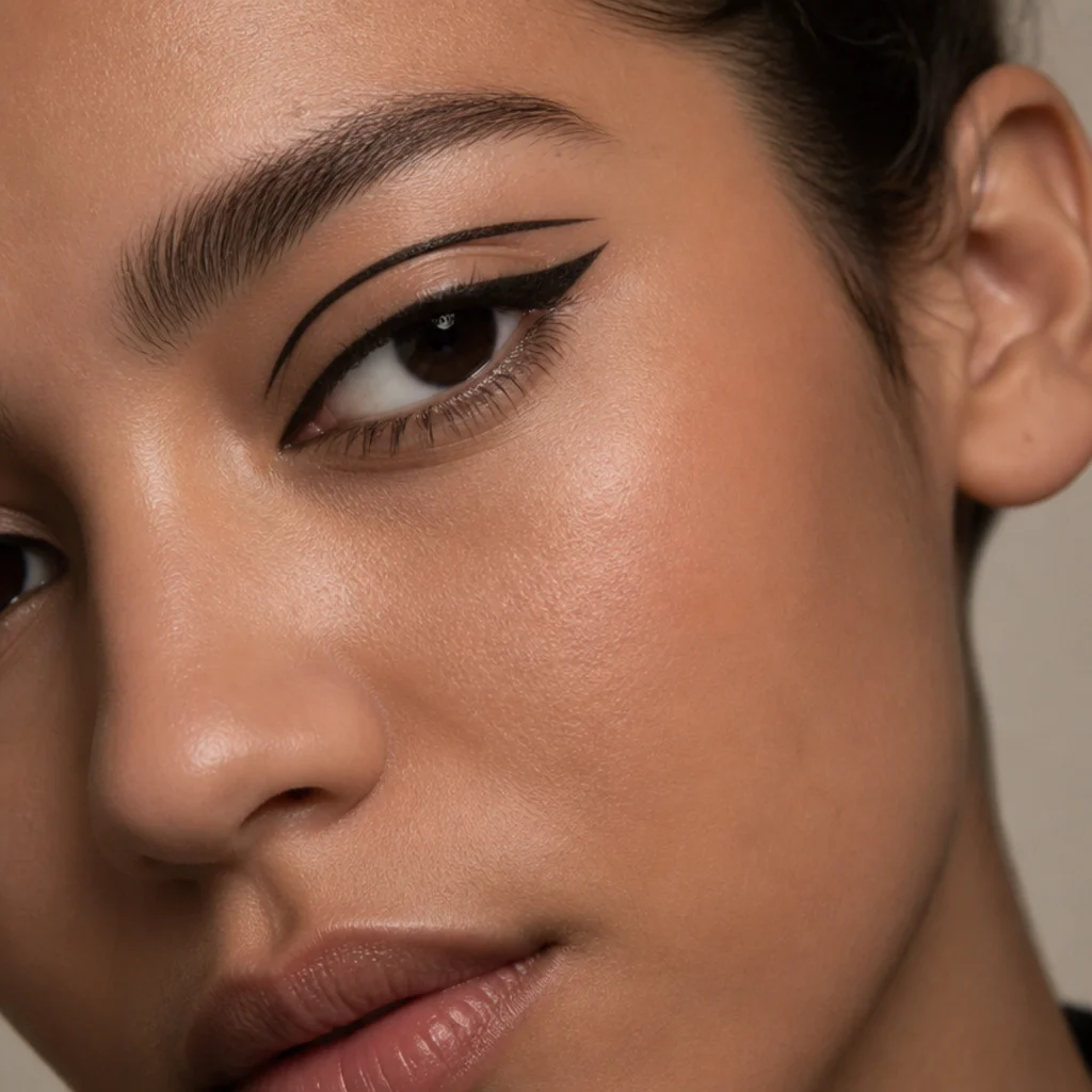 Almond eyes with a graphic double line, one at the lash line and a floating parallel line above it, a clean strip of negative space between, warm light