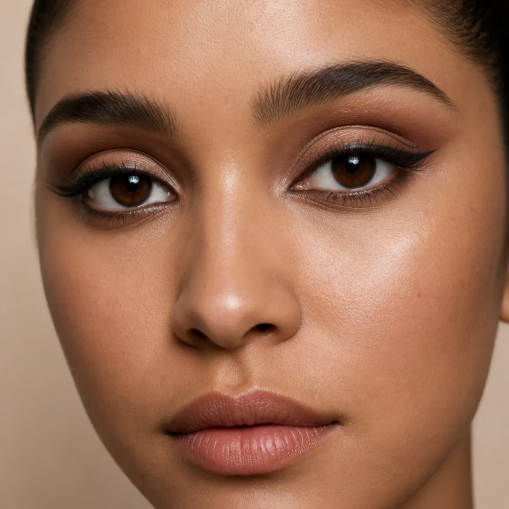 Round eyes with a defined cut-crease outline placed above the natural fold plus lash-line liner framing and lengthening the eye, sculpted look, ivory background