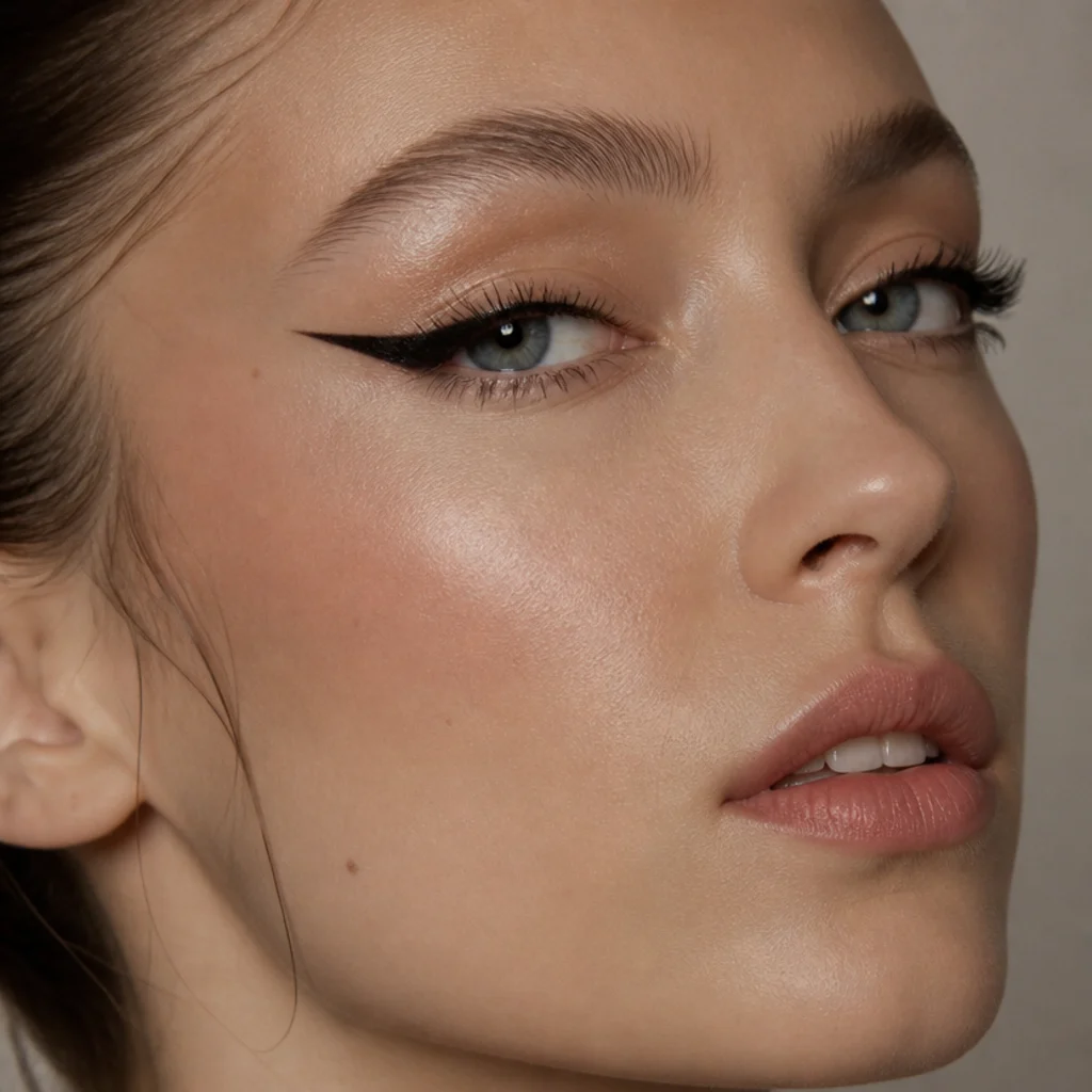 Upturned eyes with a long dramatic siren wing exaggerating the natural lift, thin lid line and sleek elongated tail, taupe background