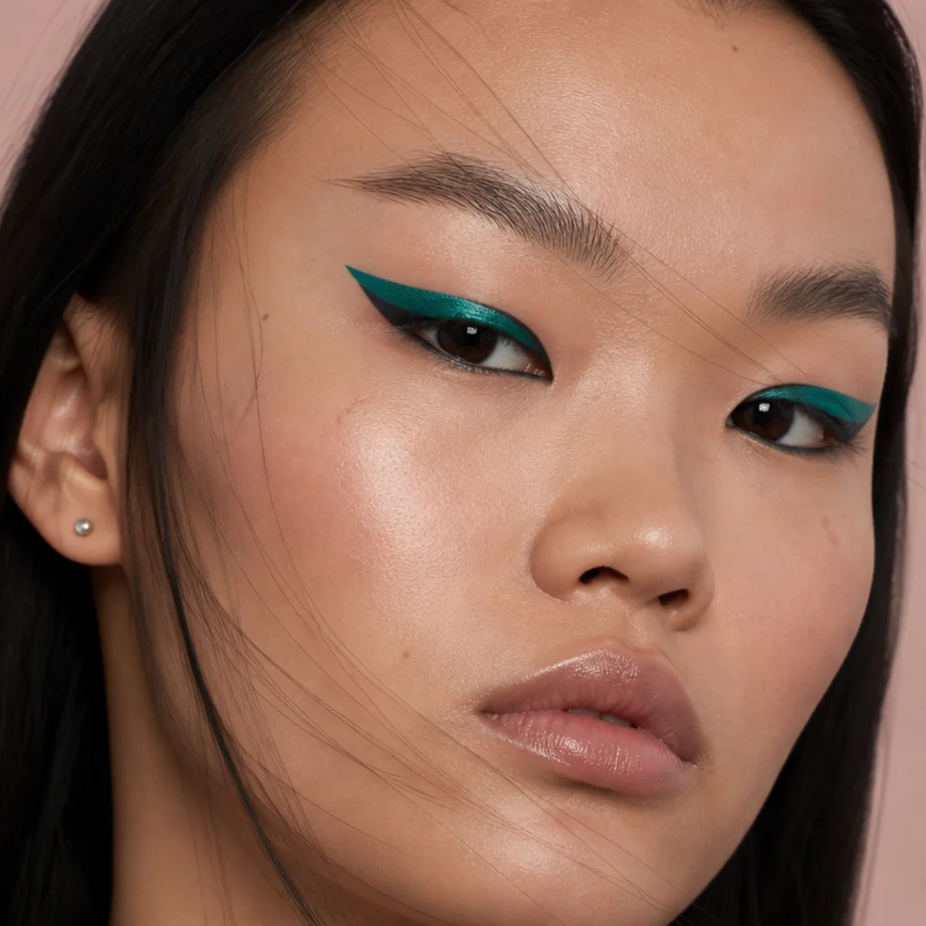 Monolid eyes with a bold colored graphic liner, a bright saturated pigment wing floating over a dark base, editorial finish, blush background