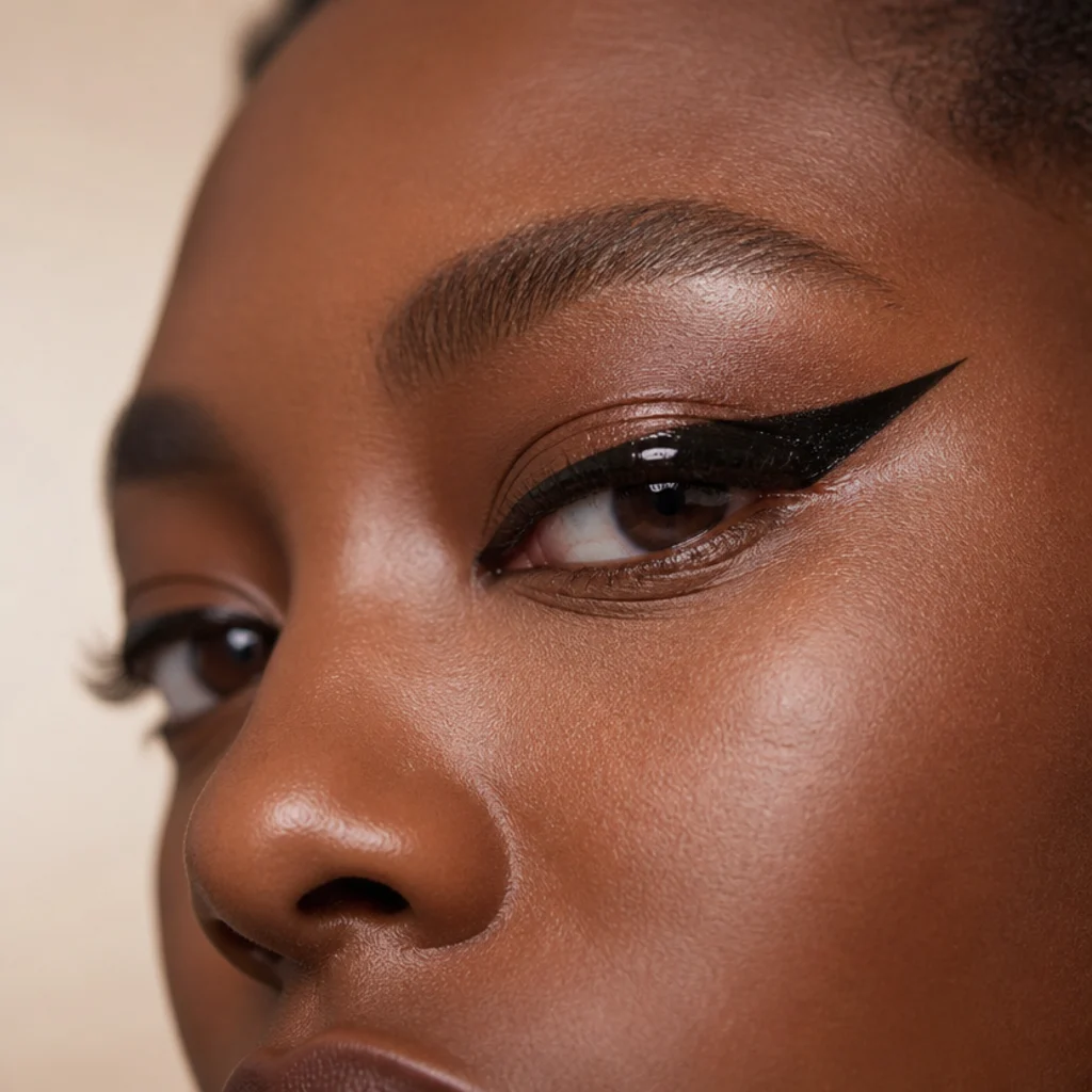 Hooded eyes open with a full dramatic editorial wing built entirely above the fold, bold visible tail, warm neutral background
