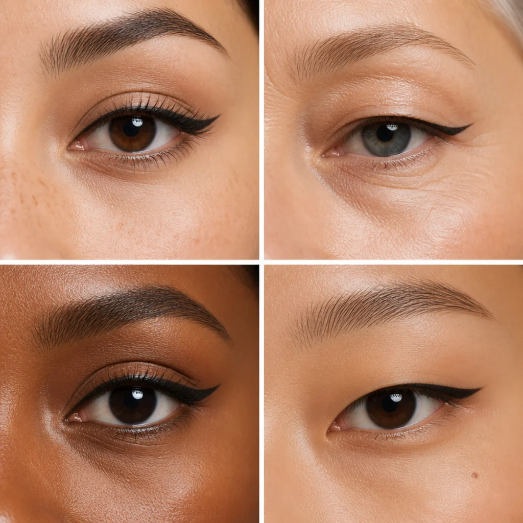 Editorial grid of diverse models showing soft-to-bold eyeliner progressions across almond, hooded, round, and monolid eye shapes