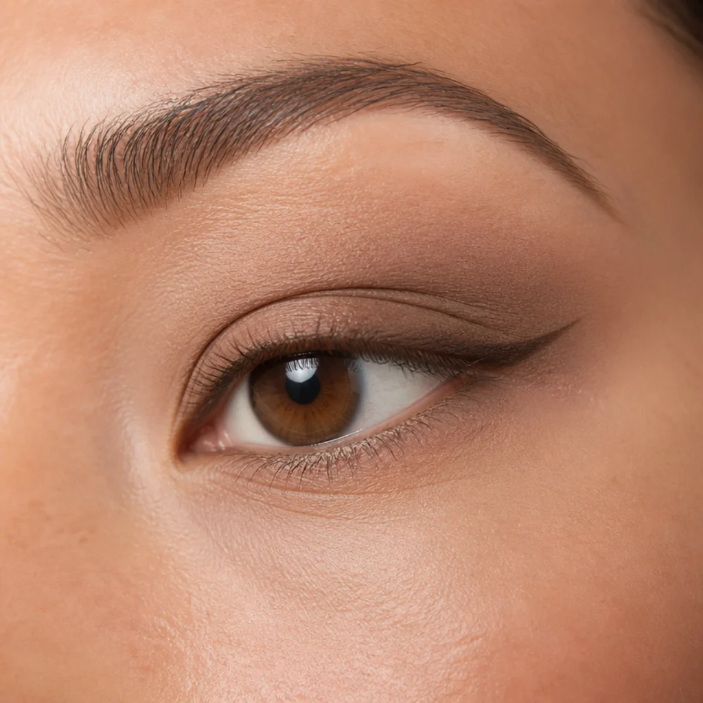 Close-up of a hooded eye lifted with a soft warm-brown wing and matte taupe transition shade, eyes-open three-quarter angle