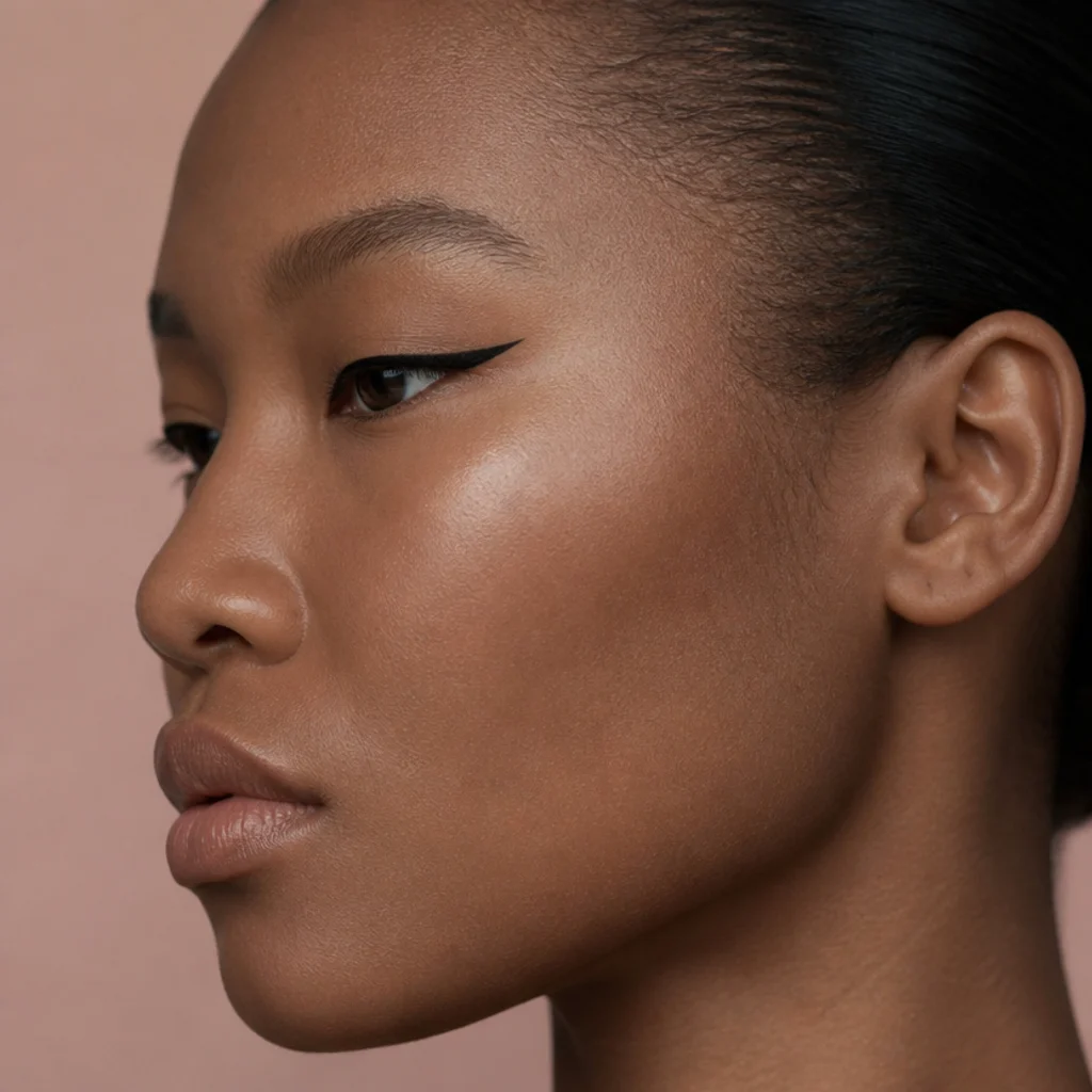 Graphic black foxy eyeliner flick on a monolid eye, crisp tail pointing toward the temple, side profile