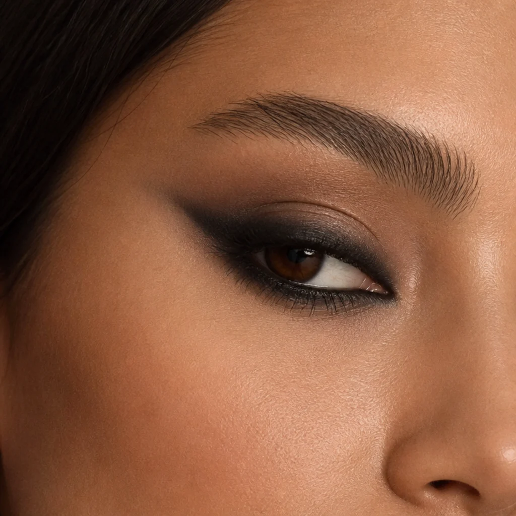 Smoked-out charcoal foxy liner blended upward on a hooded eye, diffused edges, three-quarter view