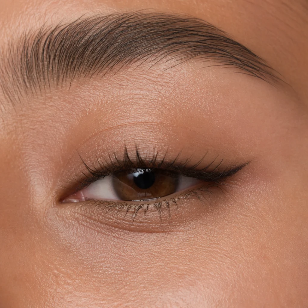 Tightlined upper waterline with a subtle lifted tail on a hooded eye, natural lashes, macro detail