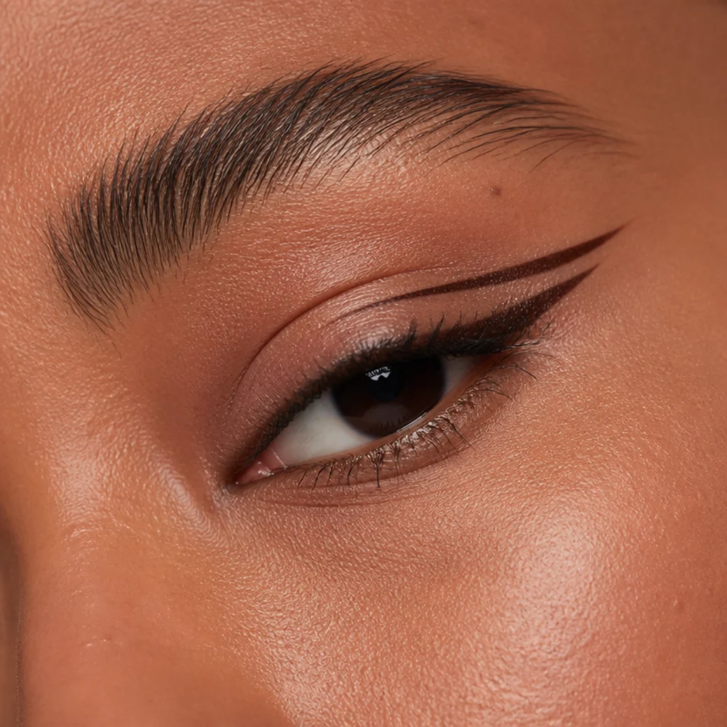 Double-line foxy wing with a thin gap between two lifted lines on a hooded eye, three-quarter angle