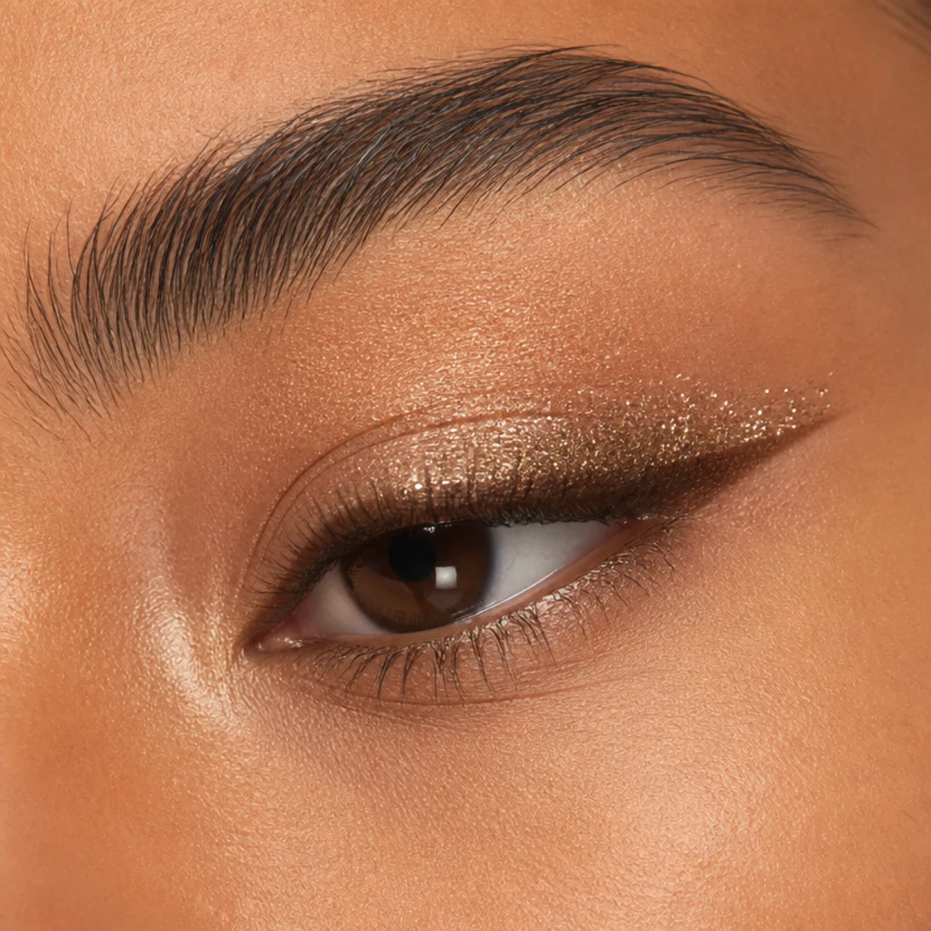 Glitter foxy eyes with champagne sparkle pressed over a lifted brown wing on a hooded eye, sparkling detail