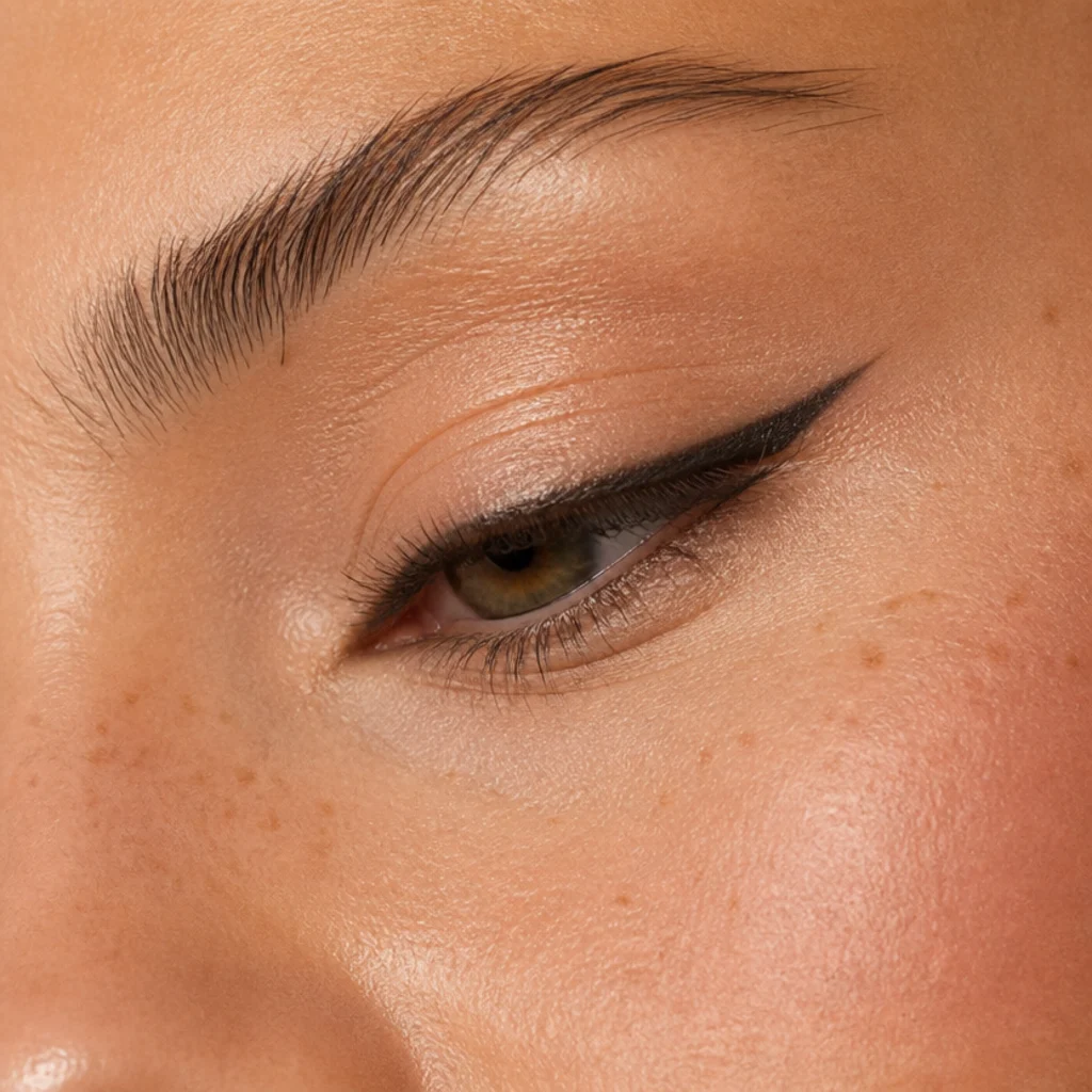 Soft hybrid liner blending downturned puppy softness into a lifted foxy tail on a hooded eye, side view