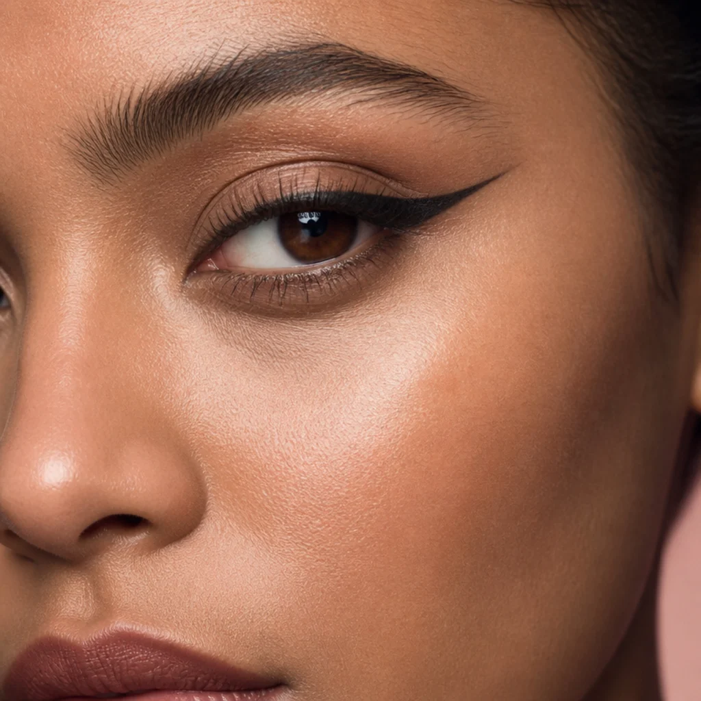 Big foxy eyes with an elongated bold wing stretching toward the temple on a hooded eye, dramatic three-quarter angle