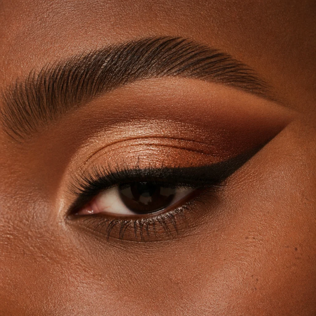 Bronze cut-crease with a lifted outer wing on a hooded eye, warm shimmer and clean edge, three-quarter view