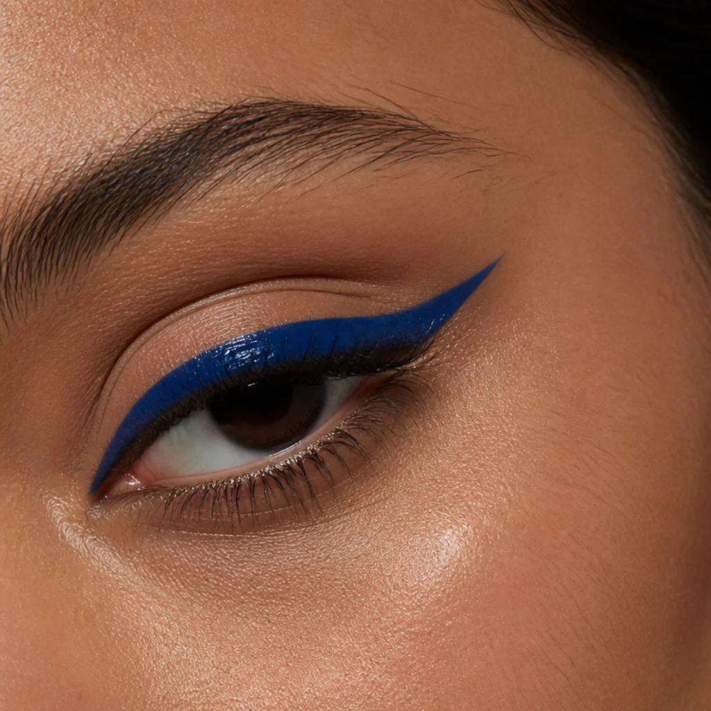 Colored graphic foxy liner in cobalt and teal lifted on a hooded eye, glossy finish, macro detail