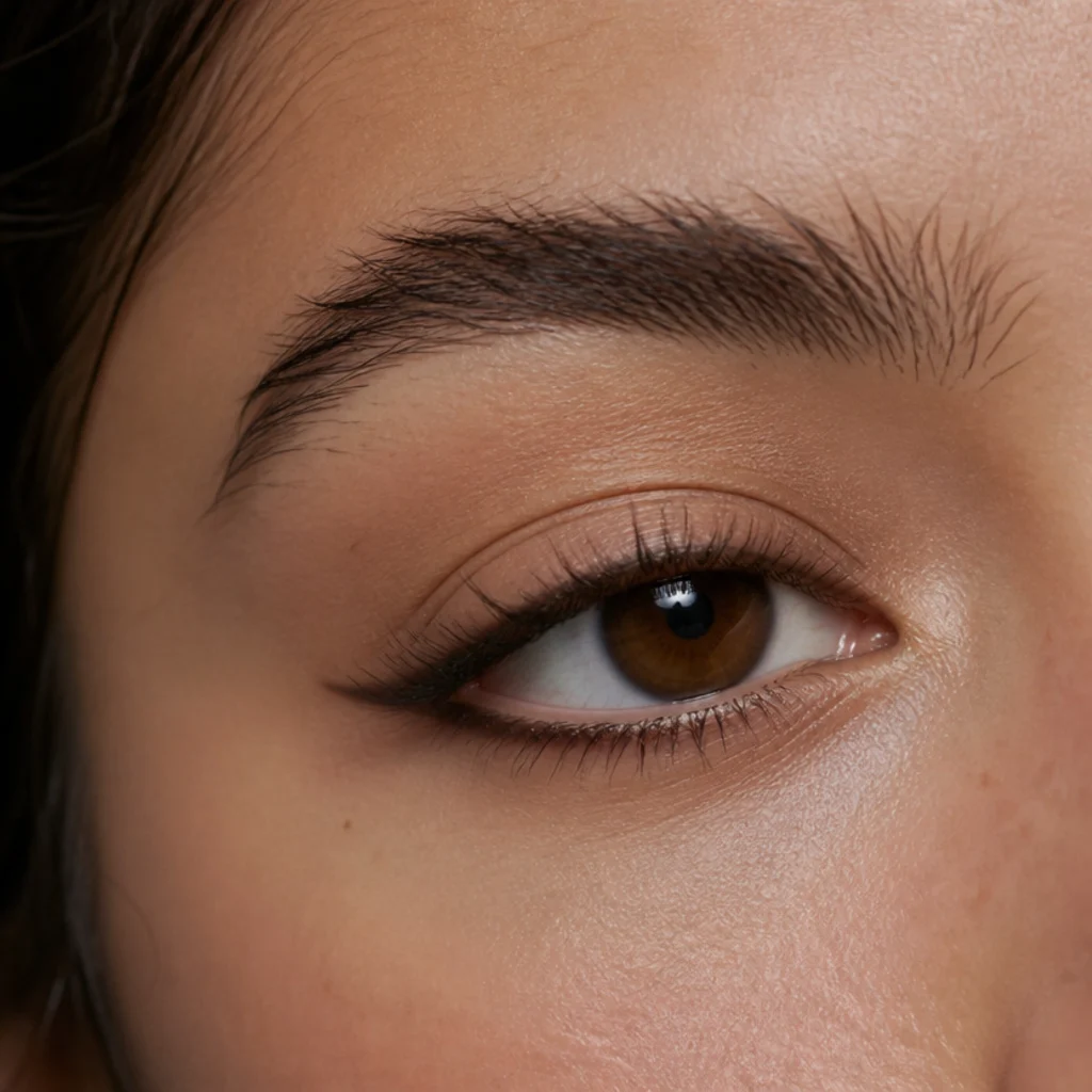 Reverse foxy look with a lifted lower-lash liner extending the outer corner on a hooded eye, three-quarter angle