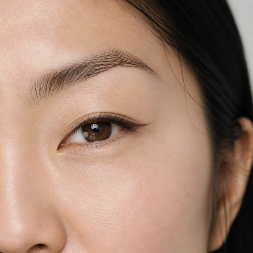 Barely-there everyday foxy lift with thin brown liner and groomed lashes on a hooded eye, natural daylight