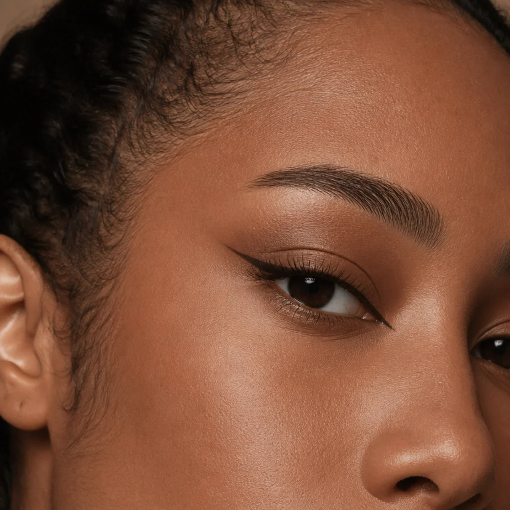 Foxy-siren blend with an elongated inner-corner line and lifted outer wing on a hooded eye, sultry three-quarter view
