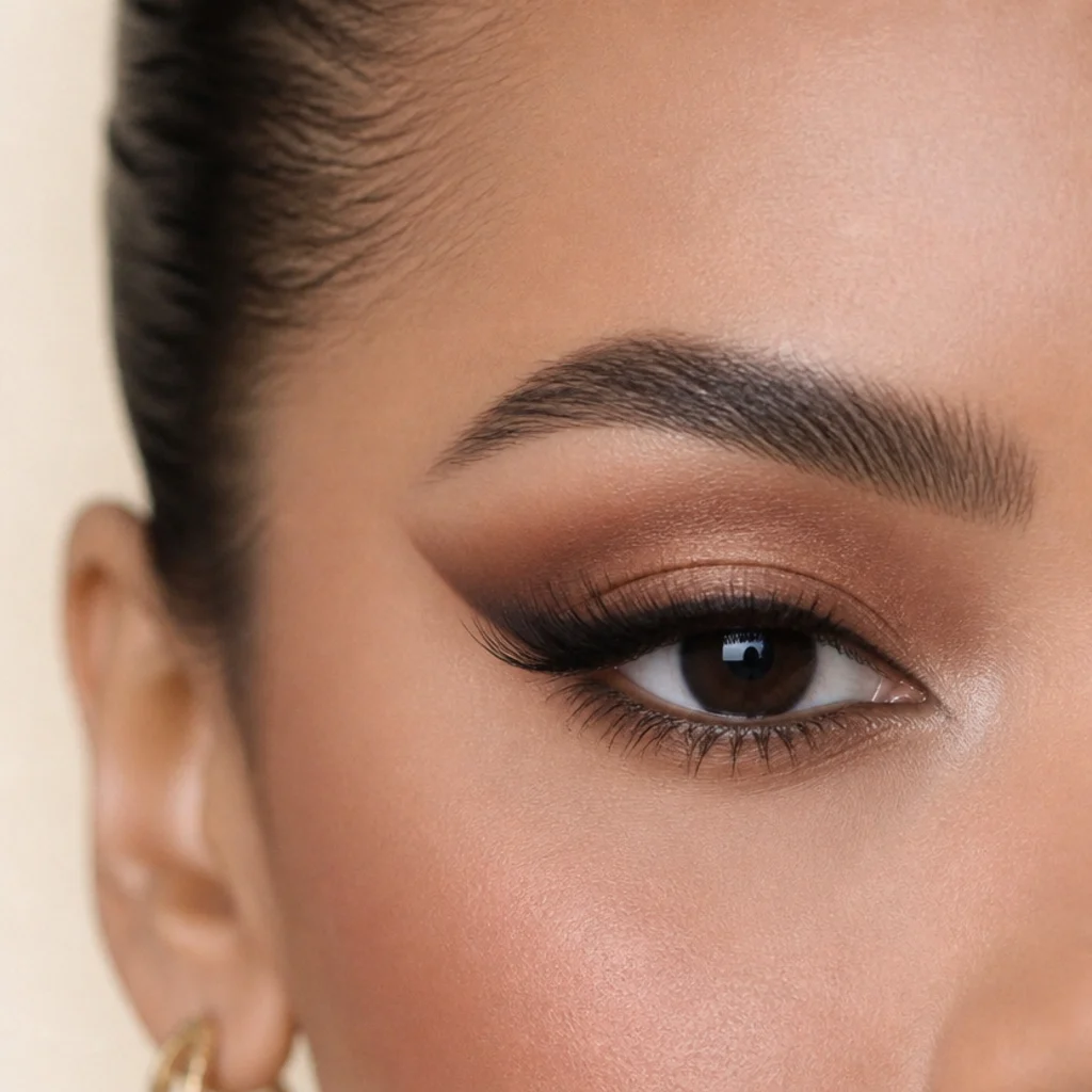 Full glam foxy eye with a bold lifted wing, smoky outer corner, and lashes on a hooded eye, editorial three-quarter angle