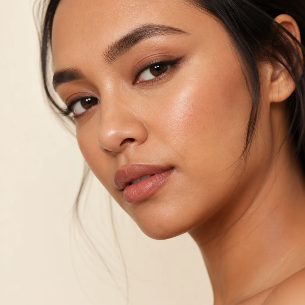 Three-quarter view of a hooded-eye model with a lifted brown foxy eyeliner wing and soft taupe shadow