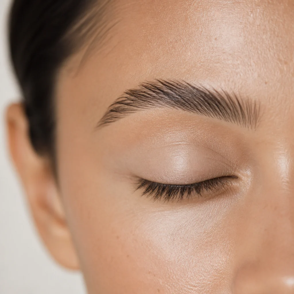 Close-up of a bare lifted eye with a brushed-up, groomed brow tail and a primed, powder-set lid before any color