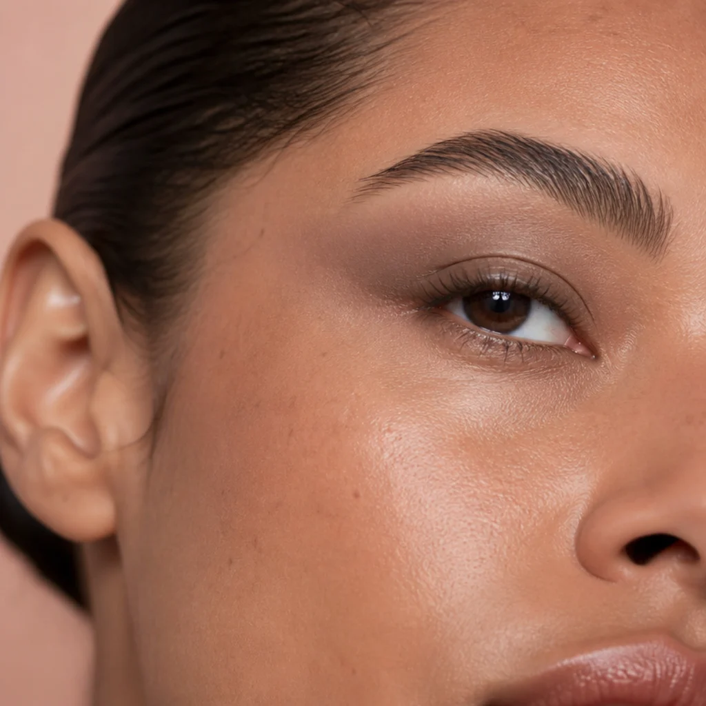 Three-quarter view of a single sheer cool-taupe shadow wash swept across the lid and dragged up toward the brow tail for a subtle lift