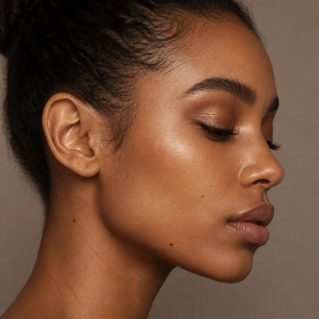 Side profile of warm bronze shadow packed on the outer lid and blended up toward the temple for an elongated everyday eye