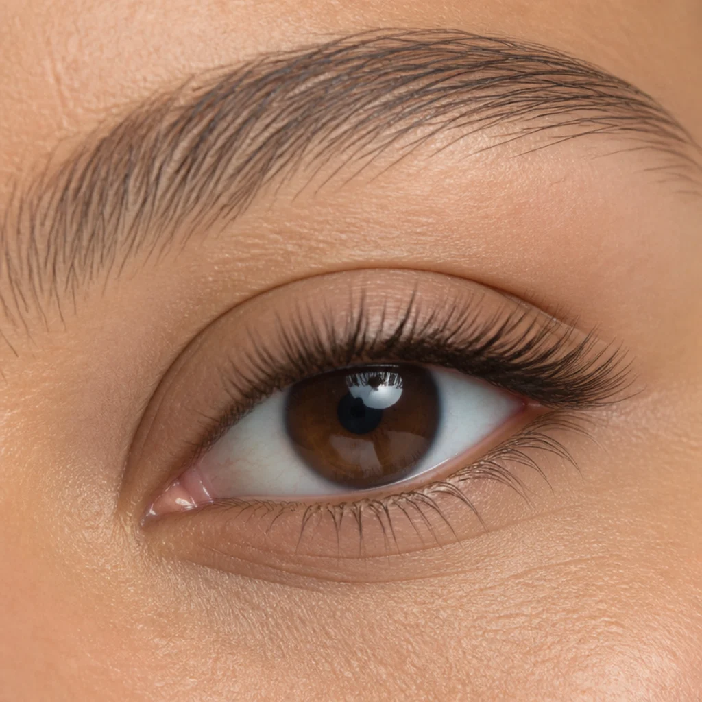 Macro view of the upper waterline tightlined in soft brown at the lash roots to define lifted lashes without visible heaviness