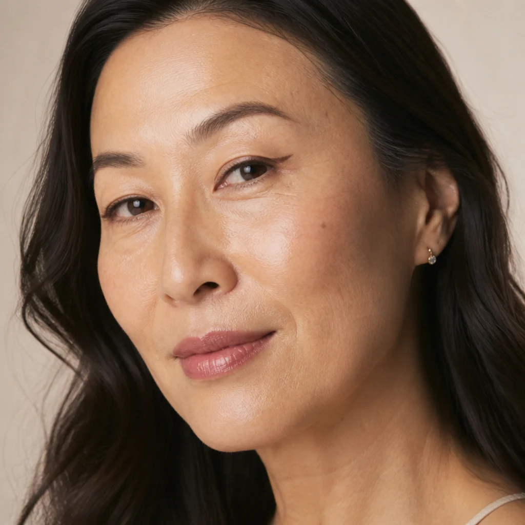 Three-quarter portrait of a short soft-brown liner flick angled upward from the outer lash line toward the brow tail