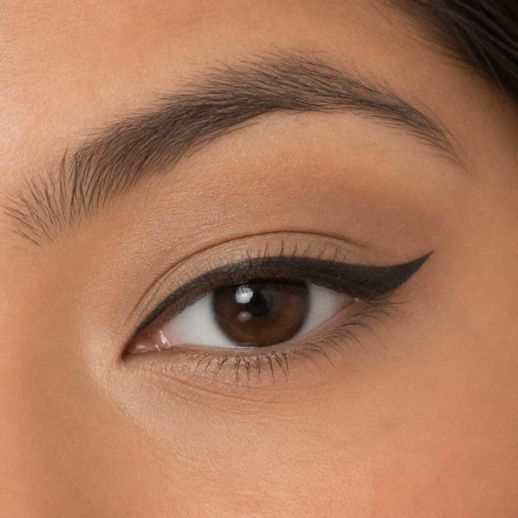 Macro of foxy eyeliner mapped for hooded eyes, the wing drawn with the eye open on the visible lid so it does not disappear into the hood