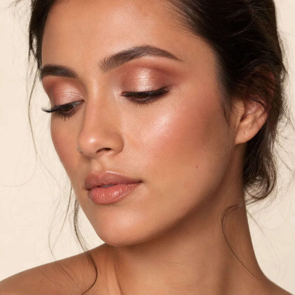 Three-quarter view of a soft rose-bronze cut crease with a blended, lifted outer edge over a clean bright lid