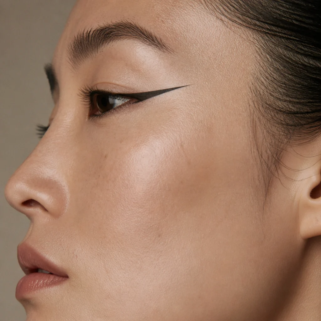 Side profile of a sleek black liquid wing extended long and flat toward the temple for a graphic lifted line