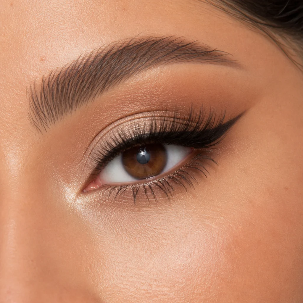 Macro of big foxy eyes with lifted liner, curled lashes and a bright shimmer inner corner for an open, doe-like effect