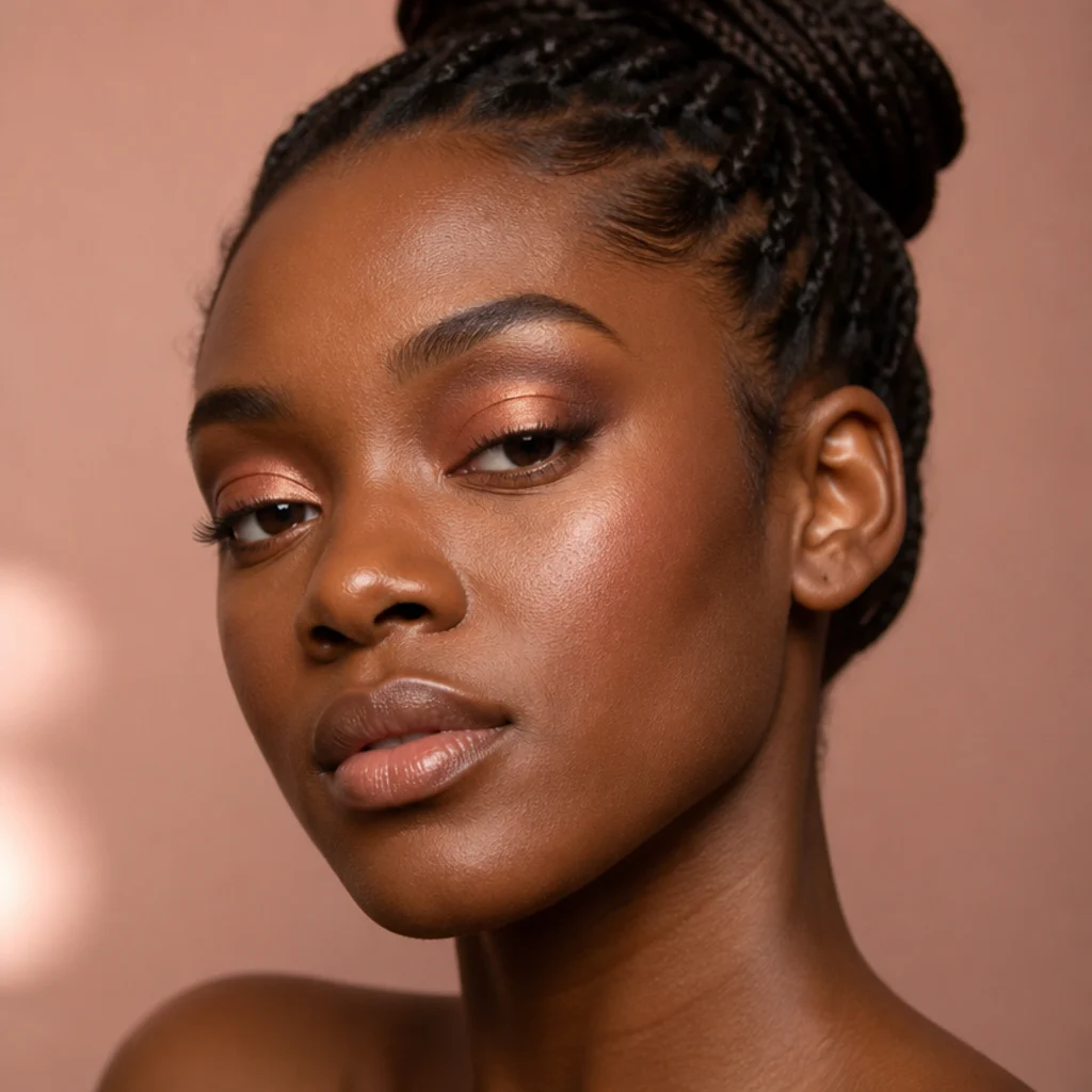 Three-quarter portrait of metallic copper shimmer pressed to the lid center over a blended bronze base, outer corner kept dark