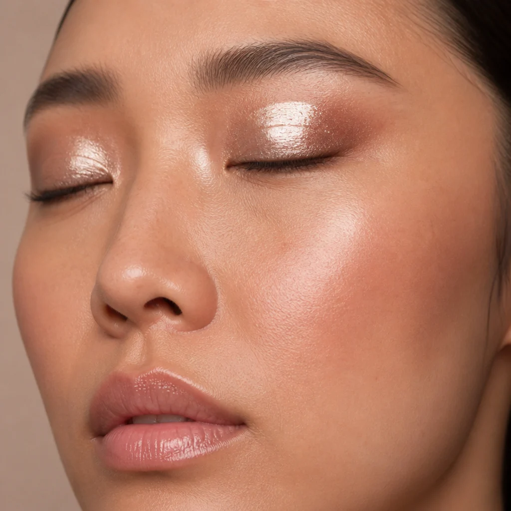 Side view of foiled champagne shimmer packed across the full lid with a lifted taupe outer corner for shine plus elongation