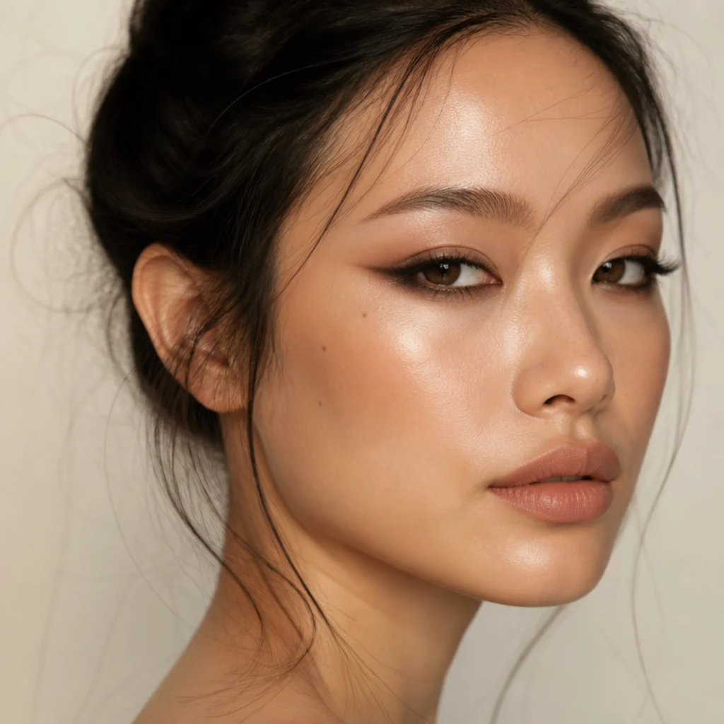 Three-quarter portrait blending siren and foxy eyes, with an upward outer flick above and a smoky lower line dragged outward below