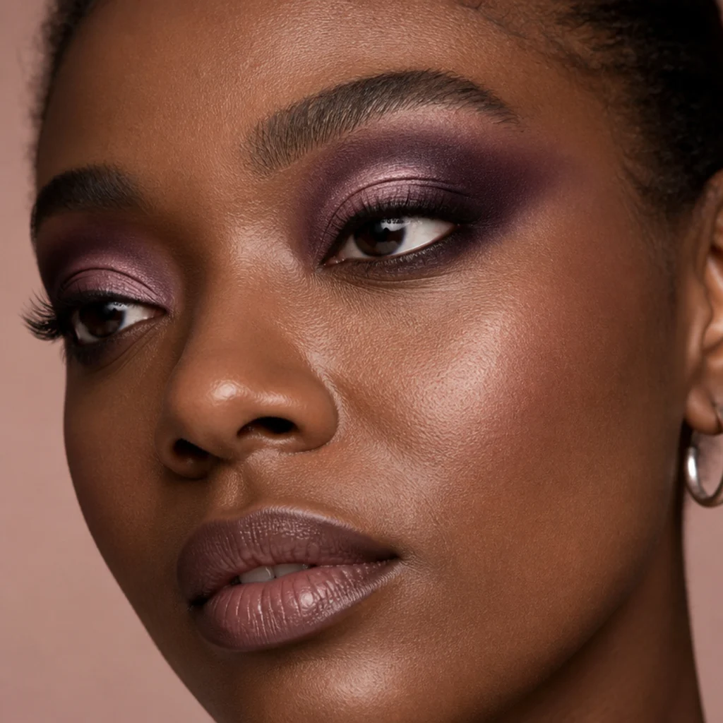 Macro of a deep plum smoky eye blended up and out with a diffused lifted edge and a lighter, brightened inner lid