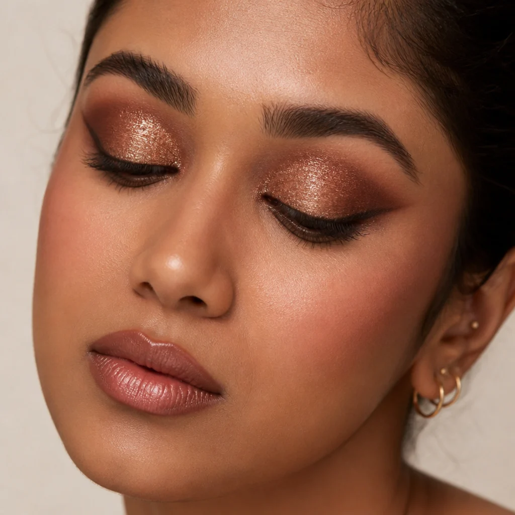 Close-up of glitter foxy eyes with fine sparkle packed over a bronze base and the outer corner kept dark and lifted