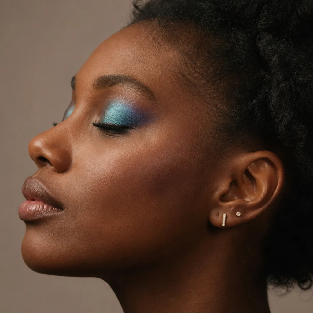 Side profile of a jewel-tone duochrome shadow shifting from teal to violet across a lifted lid over a neutral matte crease