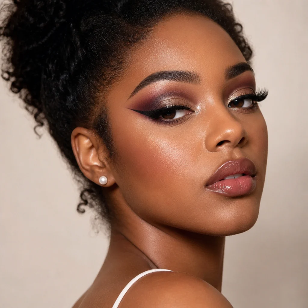 Three-quarter portrait of a full-glam foxy eye layering a sharp black wing, foiled center lid, inner-corner glitter and dramatic outer-weighted lashes