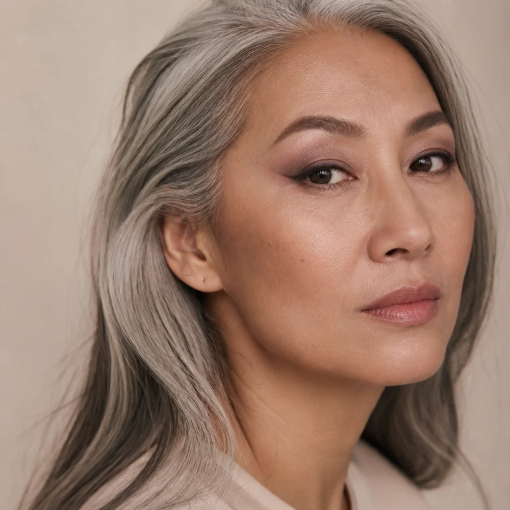 Three-quarter portrait of a model with lifted foxy eyes makeup, taupe blended shadow and upward flicked liner