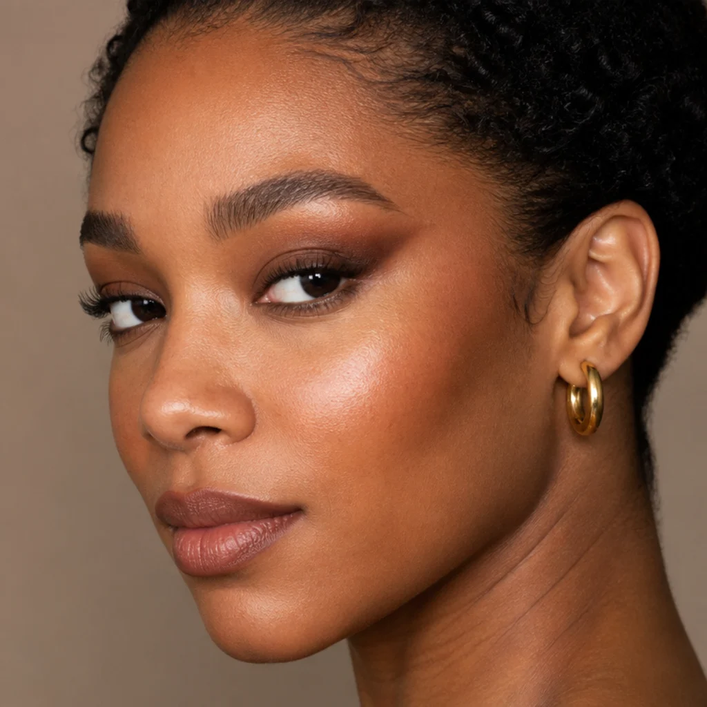 Close-up of a Black woman with a soft smudged warm-brown foxy wing lifted toward the temple, matte warm shadow and fluttery natural lashes, three-quarter angle