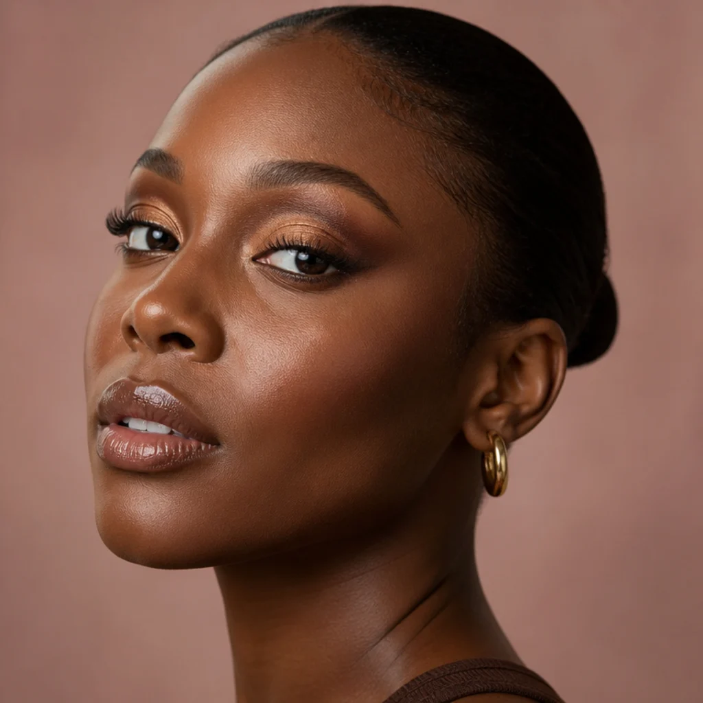 Black woman with a bronze halo eye, lighter reflective shimmer in the center of the lid and deeper bronze pulled up at the outer corner, side-lit studio portrait