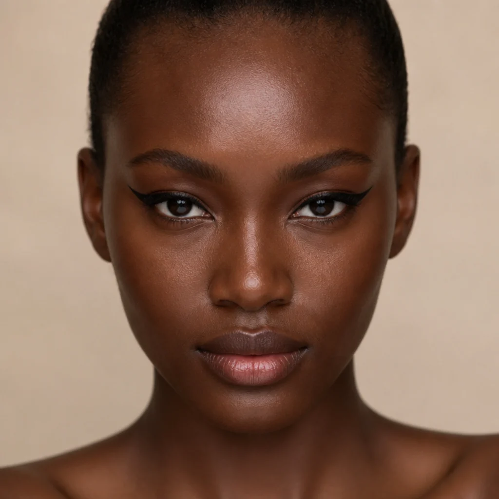 Black woman with a bold graphic jet-black fox liner, sharp elongated wing and clean tightlined upper lash line lifted toward the brow, straight-on beauty portrait