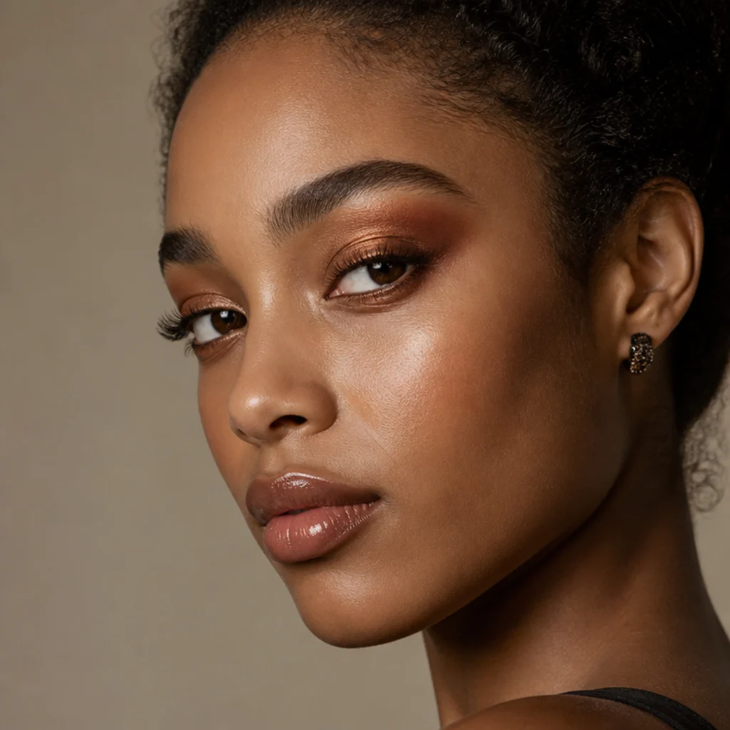 Black woman with a copper smoked outer corner, warm metallic shadow blended up and into the crease with a defined lower lash line, three-quarter angle