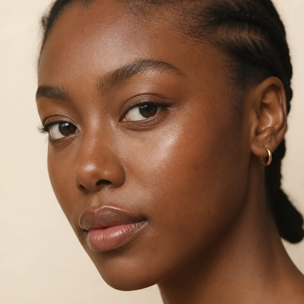 Black woman with a subtle warm-taupe tightline and a softly lifted outer corner, minimal natural everyday eye makeup, close-up three-quarter portrait