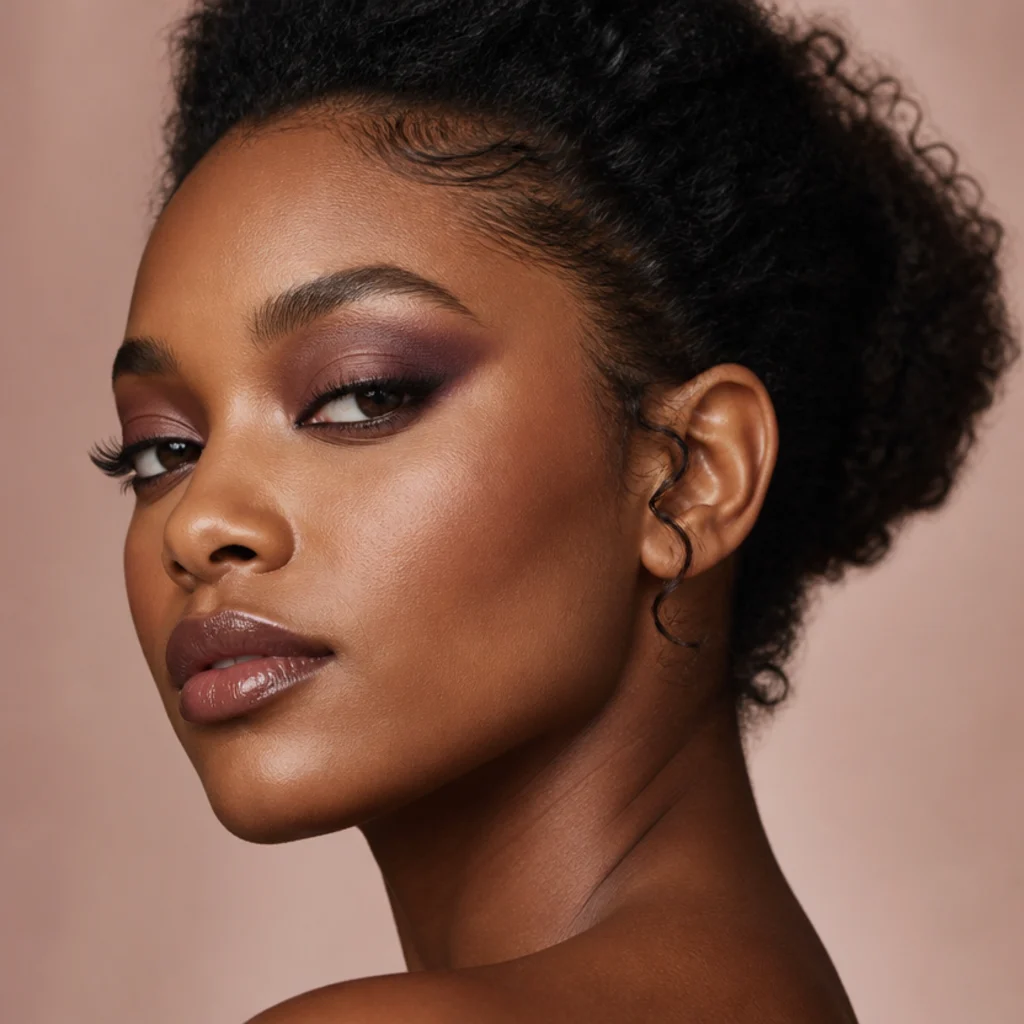 Black woman with a plum smoky foxy eye, deep purple shadow blended up and outward with a warm-gold center, side-angle studio beauty shot