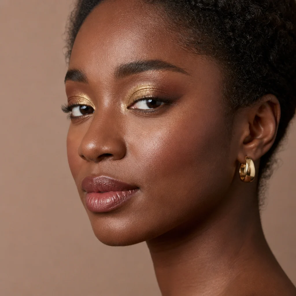 Black woman with a true-gold foil inner corner and a warm-brown lifted outer wing, glossy metallic highlight catching the light, three-quarter portrait