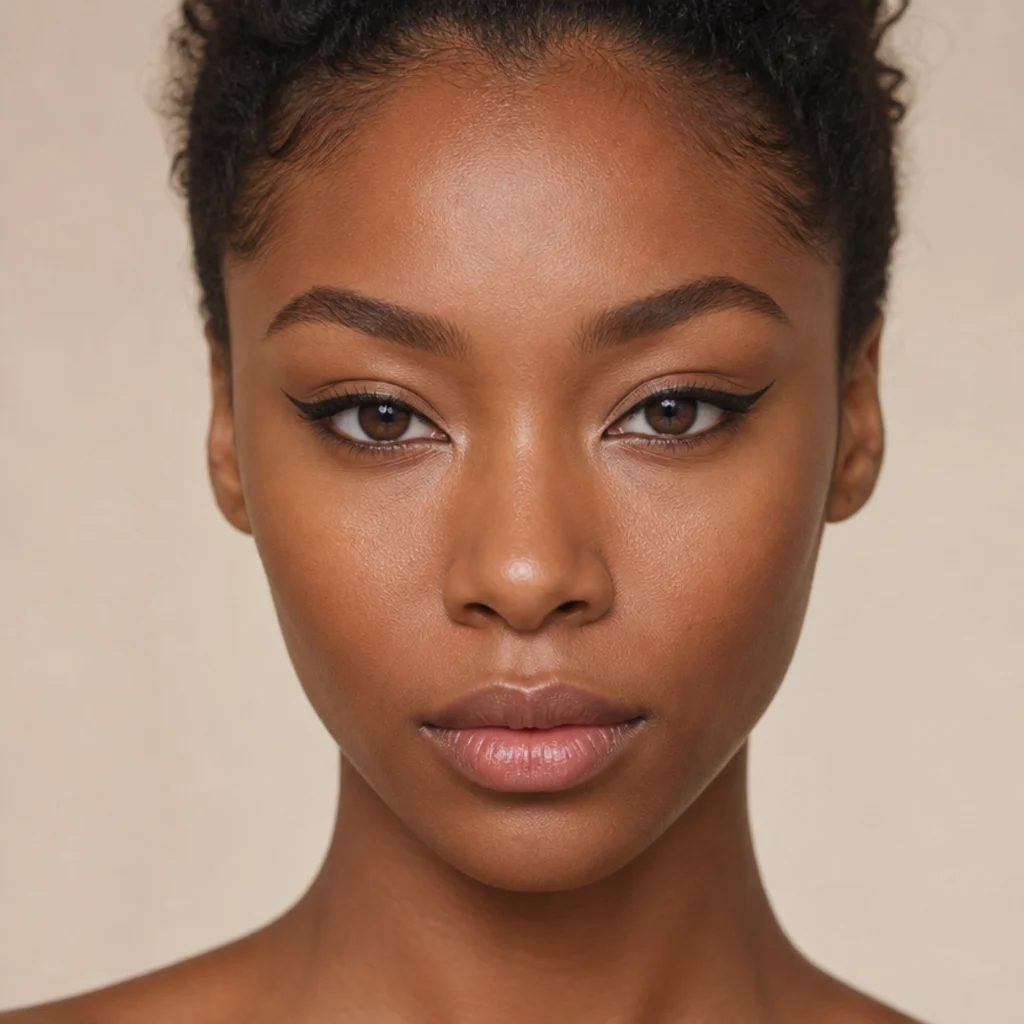 Black woman with hooded eyes wearing a lifted foxy liner drawn to stay visible when the eyes are open, clean upward tail resting above the fold, straight-on portrait