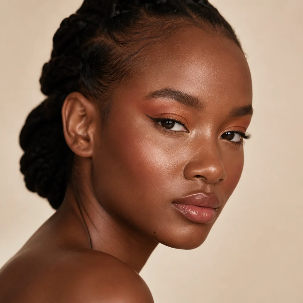 Black woman with a terracotta and burnt-sienna gradient foxy eye blended up and out with a peachy-gold center, sunset-toned shadow, three-quarter beauty portrait
