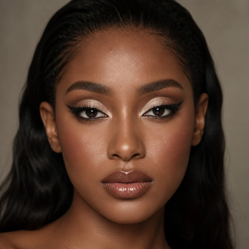 Black woman with a sharp cut-crease foxy eye, cleanly carved crease and a lifted outer corner over a bright foiled lid, straight-on high-glam portrait