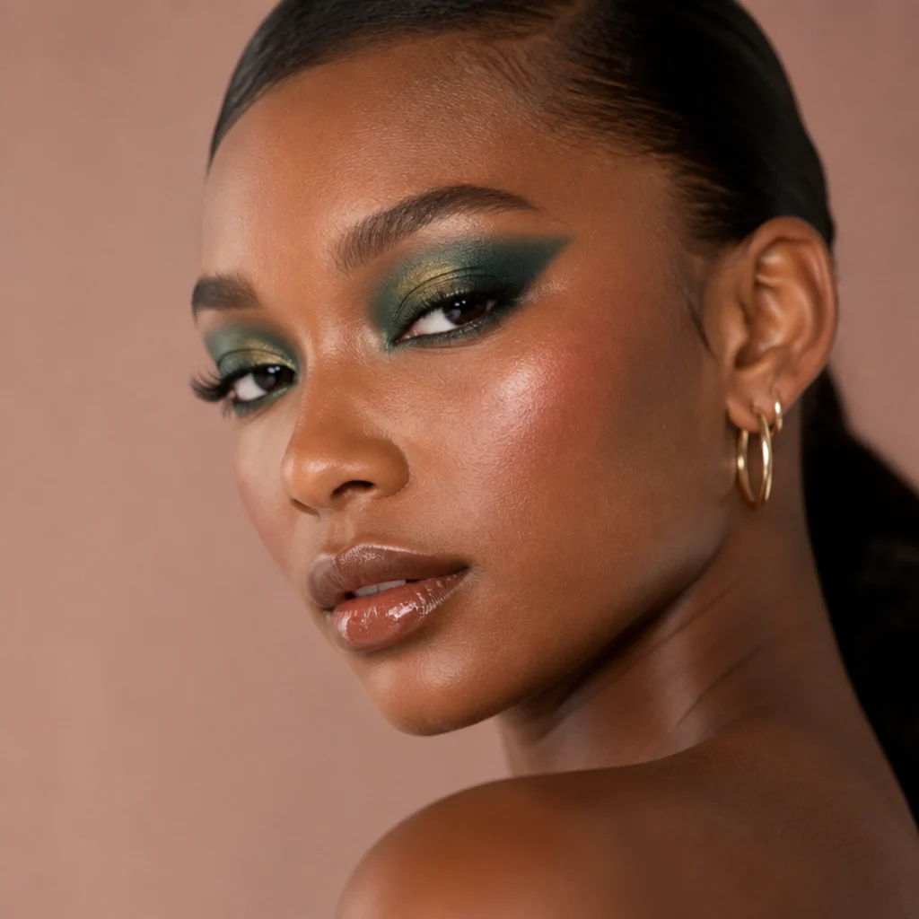 Black woman with a deep emerald green smoky foxy eye lifted at the outer corner, rich jewel-tone shadow with an antique-gold center, side-angle studio portrait