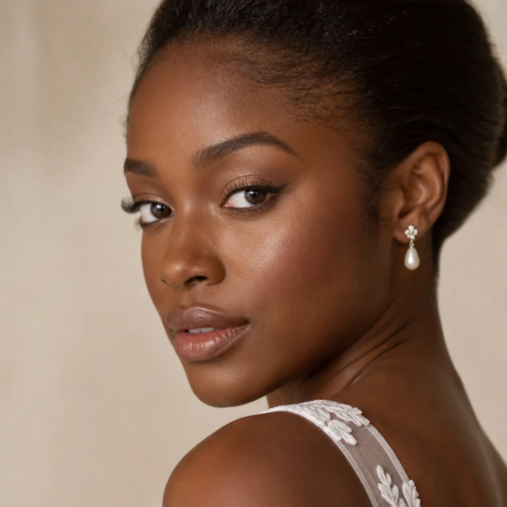 Black woman with a soft nude glowing foxy eye for a bridal look, satin champagne lid and a delicate lifted brown liner with outer-corner lashes, romantic three-quarter portrait